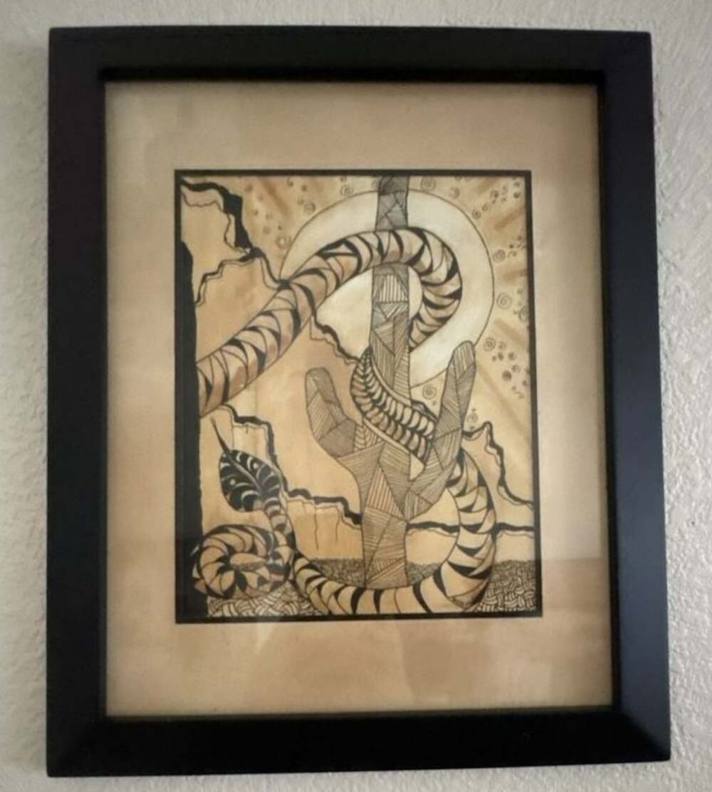 Susie Tsukiji Original Cactus and Snake Framed Ink Drawing Art